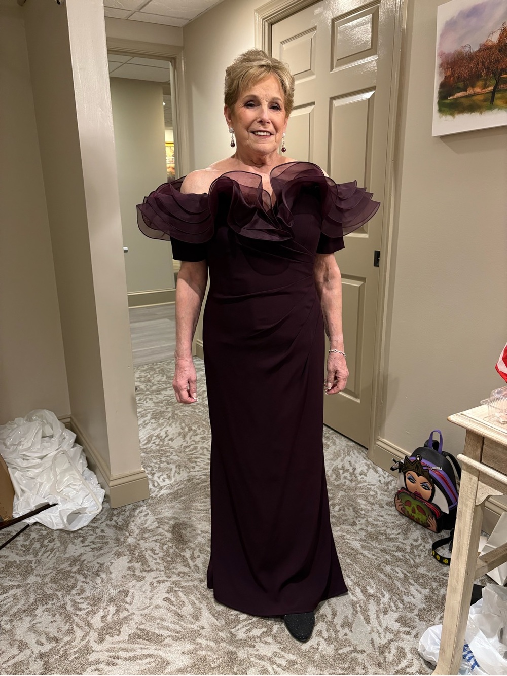 Alexander by Daymor Aubergine Dress with Ruffled Organza Neckline